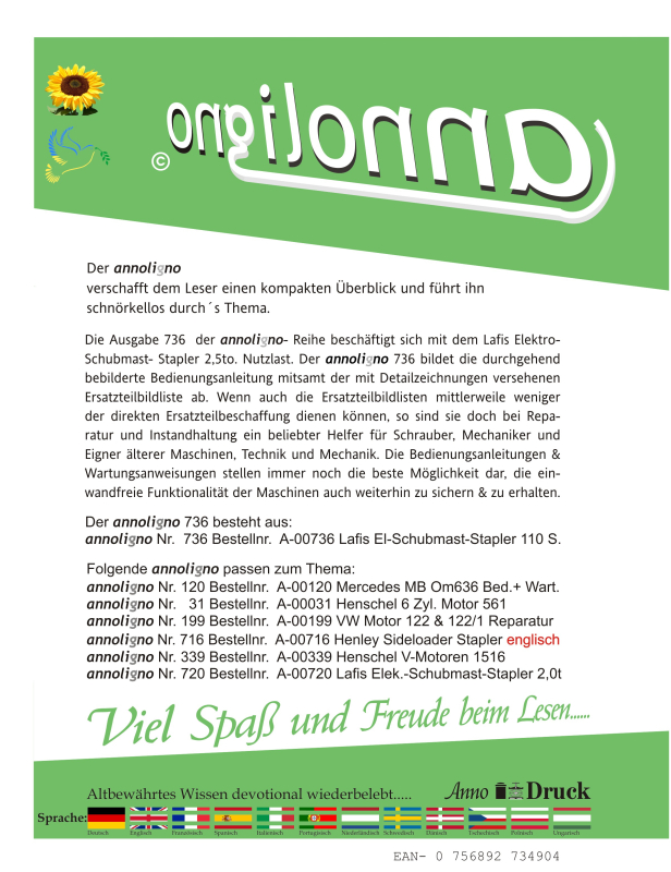 Lafis Elektro Stapler/Schubmaststapler 2,5 To. Bild- Bedienungsanleitung & Wartungsanweisungen & Bild- Ersatzteilliste & Explosionszeichnungen - annoligno 736